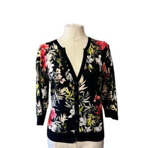 White House Black Market WHBM Floral Black Pink Snap Front Cardigan Sweater